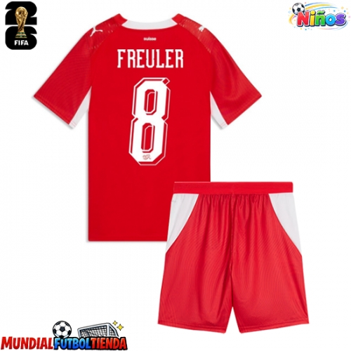 Camiseta Suiza Remo Freuler #8 Primera Equipación Replica Mundial 2026 para niños mangas cortas (+ Pantalones cortos)